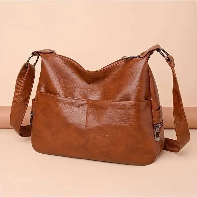 Borsa a tracolla in pelle PU tinta unita casual alla moda di grande capacità retrò Hobo da donna semplice e versatile C241104_voghion.com