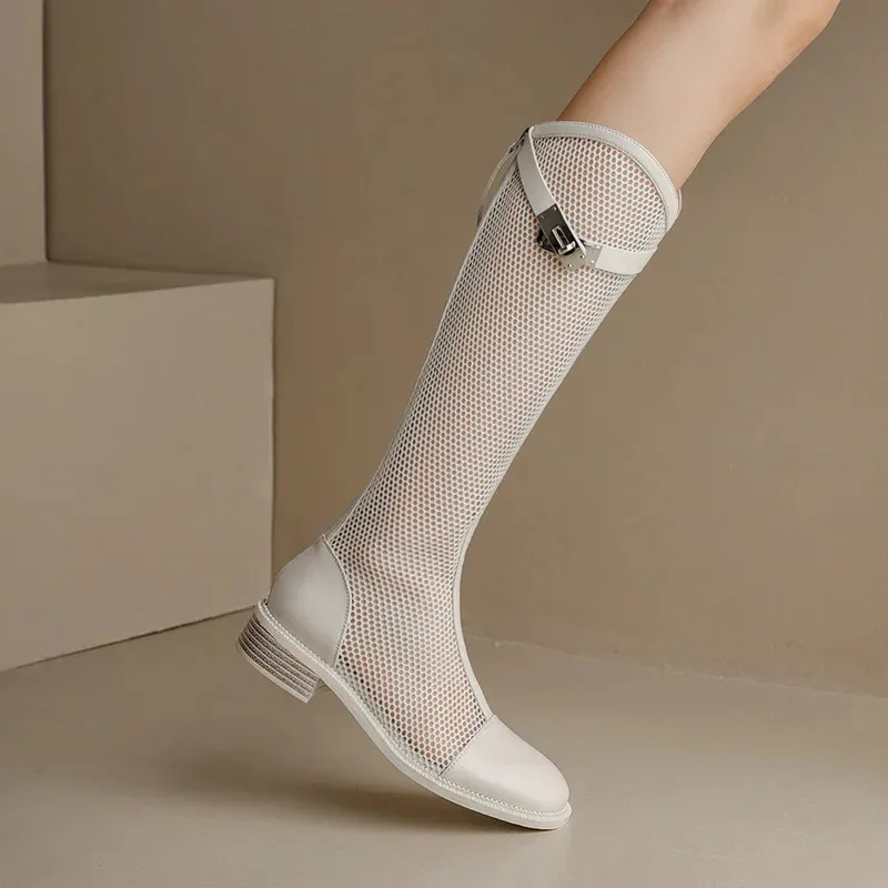 Breathable Leather Mesh Long Boots For Women Fashionable Sandals_voghion.com