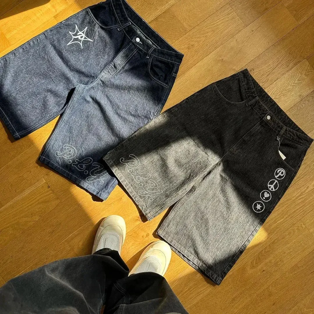 Haruku Y2k Hip-hop Retro Bol Jorts Sokak Giyim Yaz Punk Rock Mektup Nakış Moda Kot Şort Erkek Giyim 241202_voghion.com
