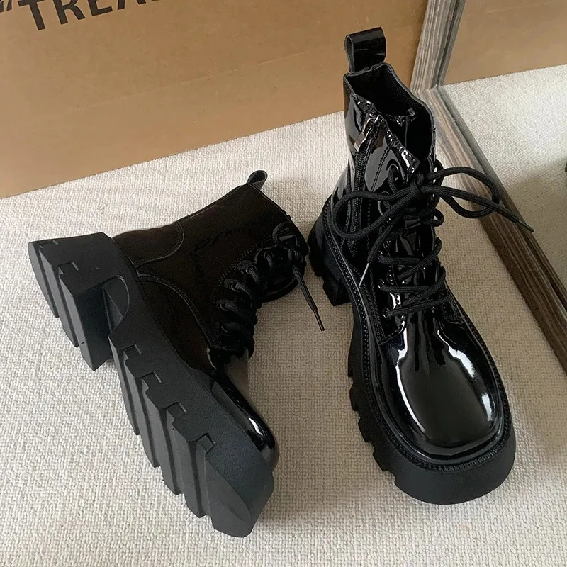 Patent Leather Platform Ankle Boots For Women Motorcycle Style_voghion.com