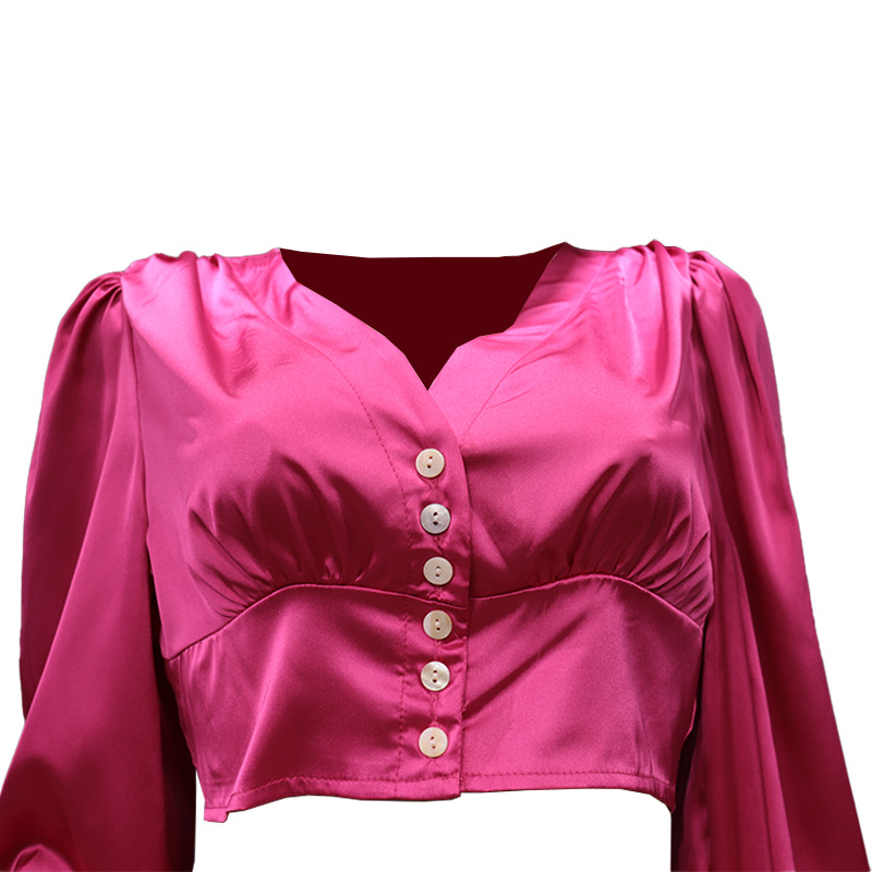 Women's Clothing FD716 Spot autumn new women's fashion short shirt slim high waist flared pants two piece set_voghion.com