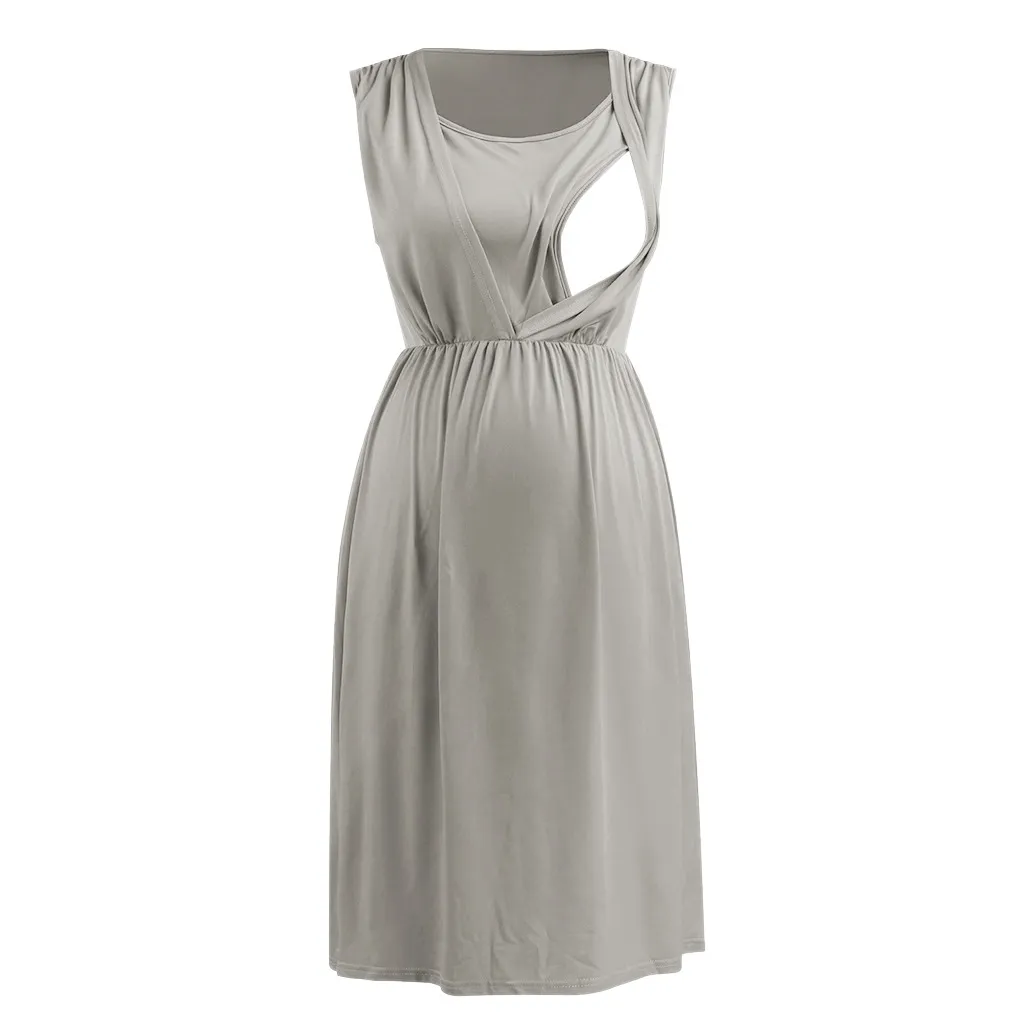 Robes de maternité 2024 col rond robe sans manches à la mode femmes enceintes vêtements allaitement grossesse Q06201_voghion.com