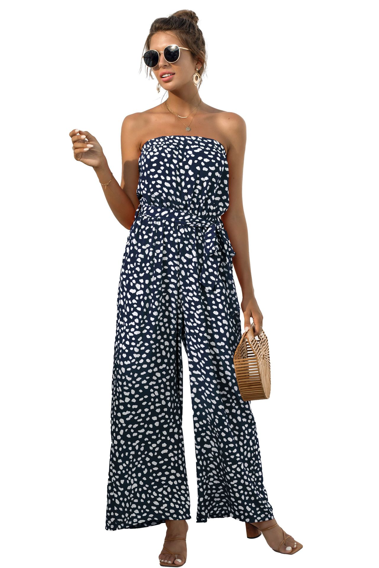 Nuevos productos de verano para mujer, nuevo mono de pierna ancha con cordones y estampado de lunares en forma de corazón y top de tubo sexy_voghion.com