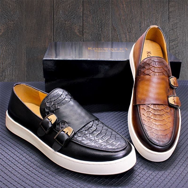 Men's double buckle casual genuine leather loafers men's comfortable flat shoes daily versatile slip on_voghion.com
