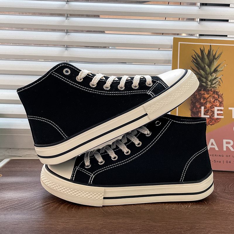 High top men's classic spring canvas student Korean vulcanized round toe casual board shoes, cloth shoes_voghion.com