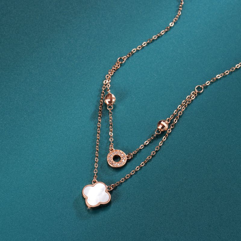 Double Layer Four Leaf Clover Necklace For Women, Niche Design, White Mother Of Pearl Pendant, Internet Celebrity_voghion.com
