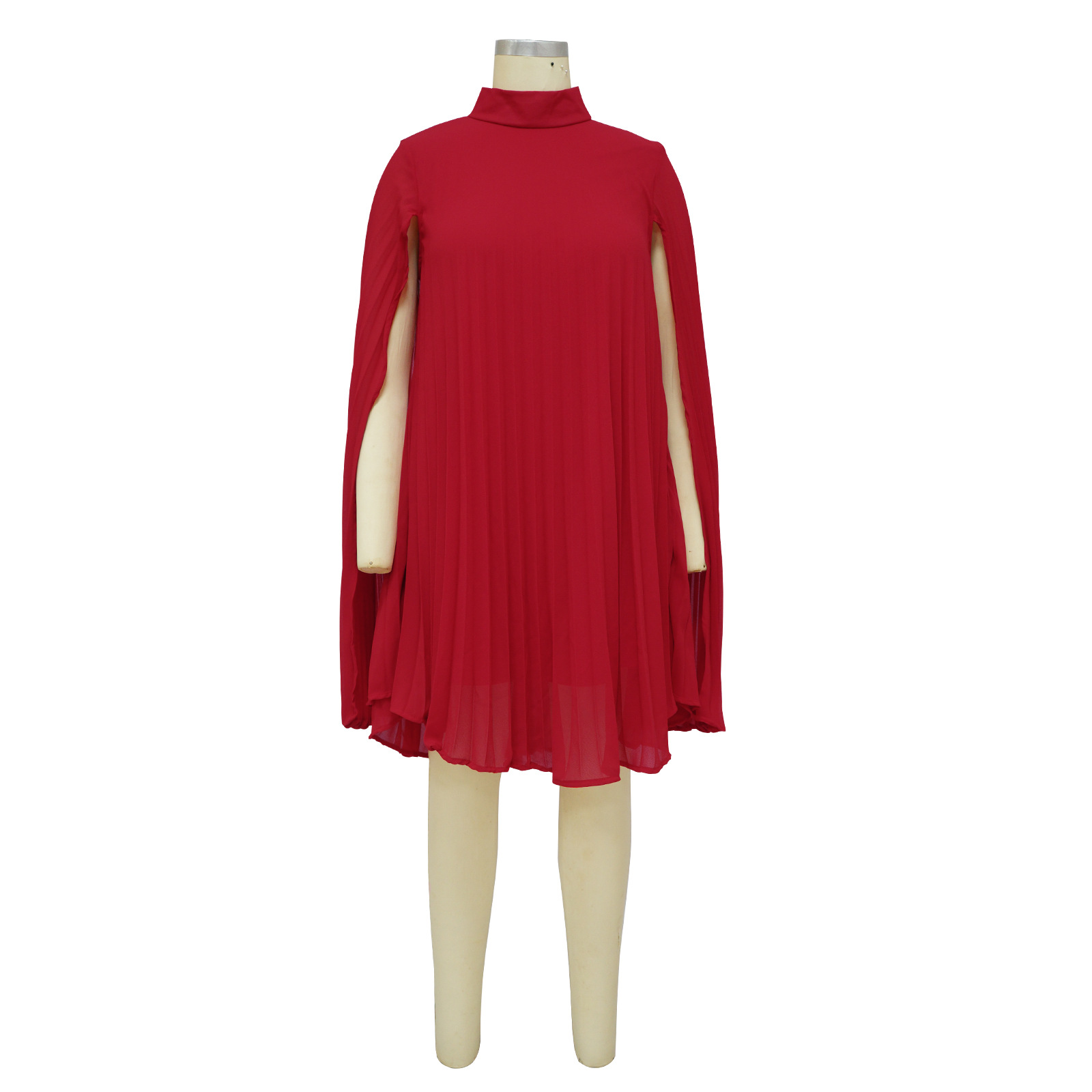 Women's Solid Colour Loose Bat Sleeve Pleated Chiffon Dress_voghion.com