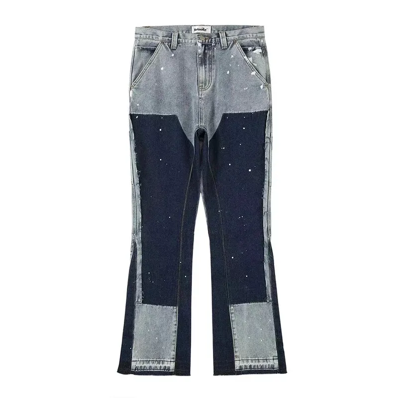 Men's Jeans European Ink Sprayed Flared For Men Contrast Color Looen Fit Streetwear Denim Clothes Open Hem Male's Baggy_mkmklike.com
