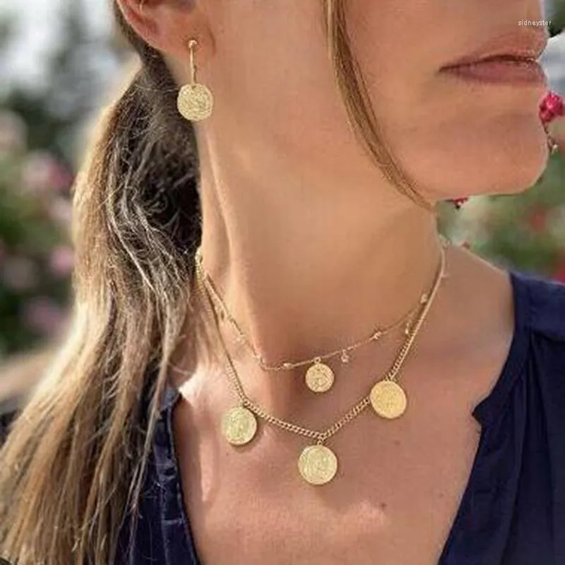 Colliers pendentifs pour femmes, double couche, chaîne de clavicule, simplicité, géométrique, multi-relief, portrait, pièce de monnaie pour femmes_voghion.com