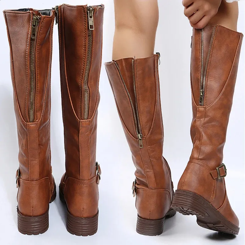 Retro Brown Knee High Large-sized Low Platform Long Autumn Pu Leather Zipper Womens Warm Boots 240911_voghion.com