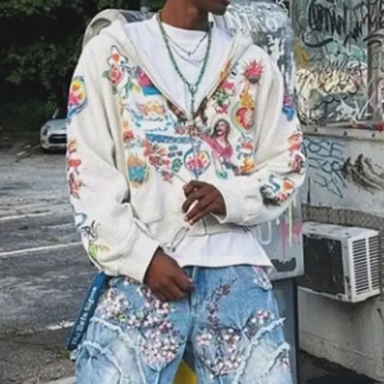 Vintage Risen King Graphic Print Oversized Zip-Up Hoodie Men Y2K Autumn Long Sleeves Casual Sweatshirt Streetwear Women_voghion.com