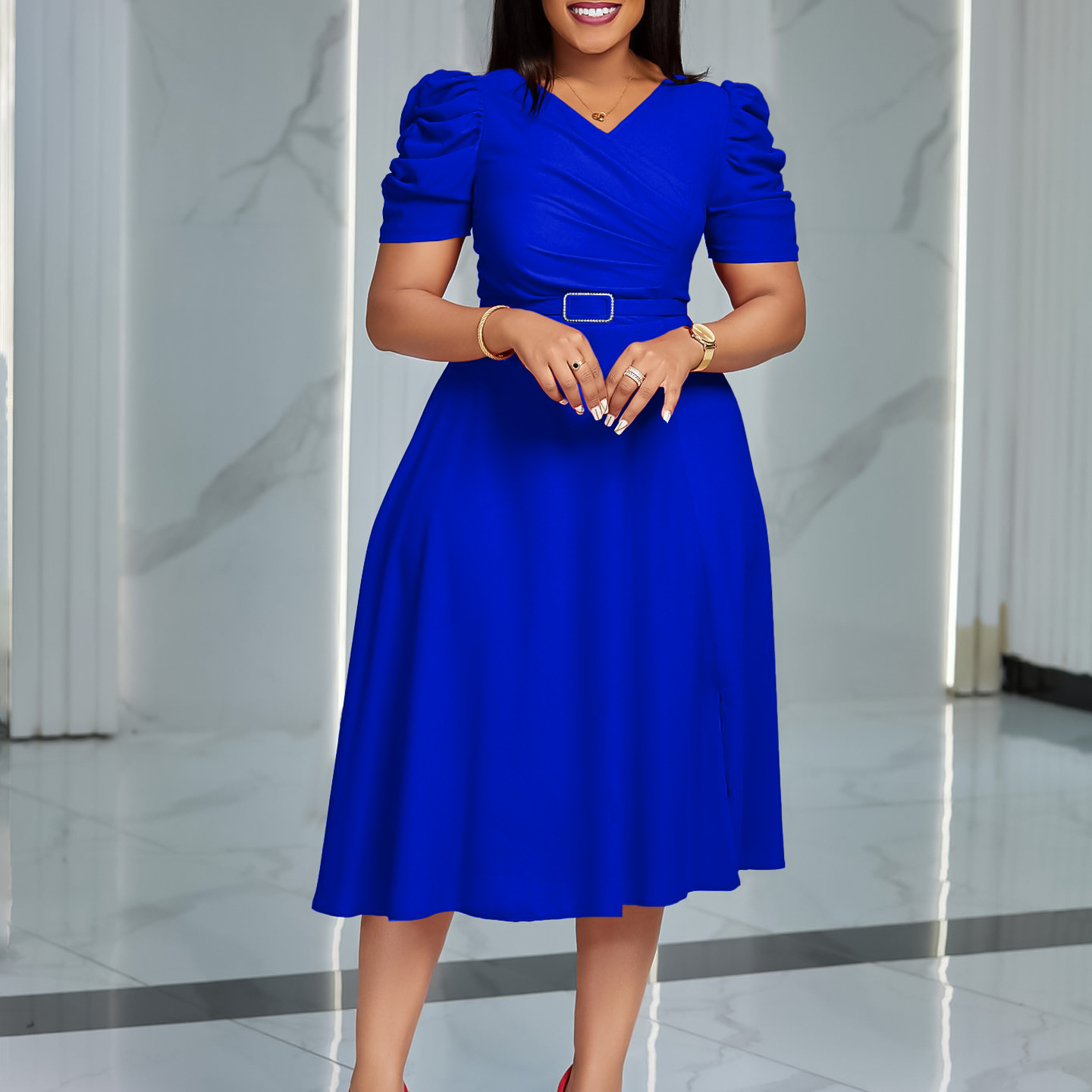 Îmbrăcăminte pentru femei, vară, modă nouă, temperament elegant, cu decolteu în V, fustă plisată, leagăn mare_voghion.com