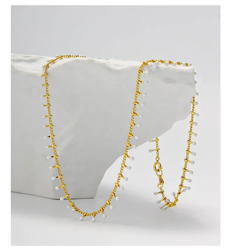 Colier emailat cu design de picătură de ploaie, lanț placat cu aur și mărgele de cupru, 45 cm_voghion.com