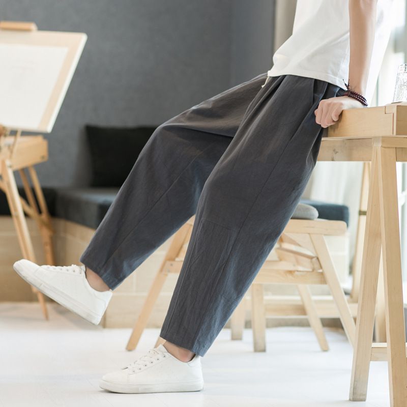 Herrenbekleidung Sommer Freizeithose Herren Leinen perdere Leinenhose neun Punkte lange Hose gerade Beinhose_voghion.com
