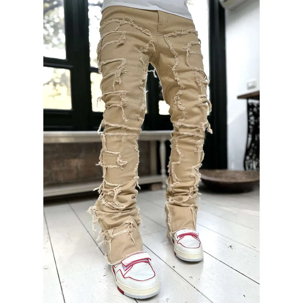 Pantalon droit en denim à patch élastique pour homme, nouvelle mode de rue_voghion.com