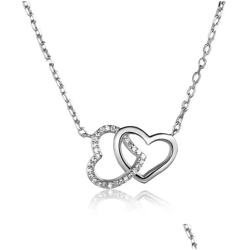 Sterling Silver Double Heart Pendant Necklace For Valentines Day_voghion.com
