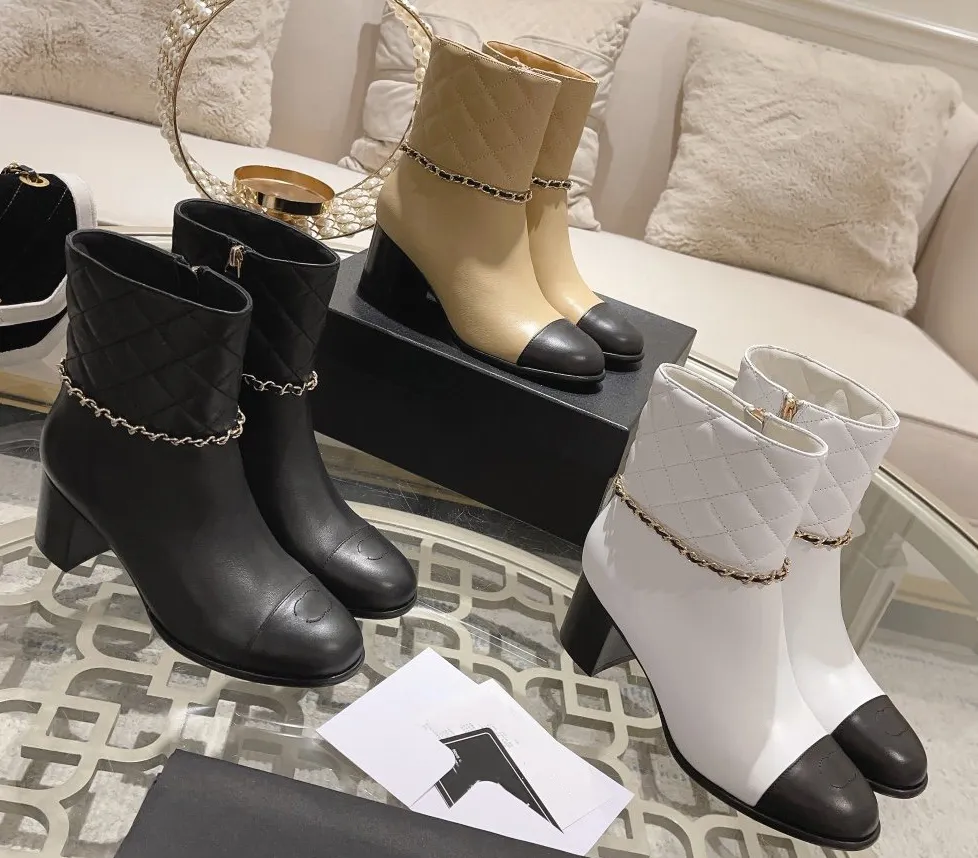 Newest Designer Women Short Round Toe Chunky Heel High Quality Nature Leather Metal chain Patchwork Mid-calf Fashion_voghion.com