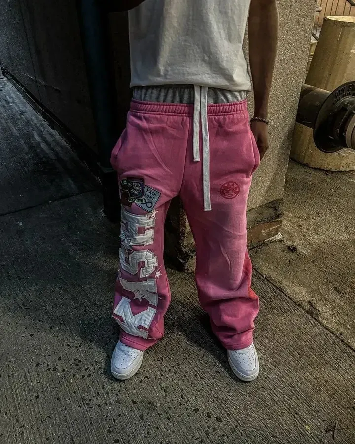 Vintage Red Double-layer Sports Y2K Mens Hip-hop Letter Patch Embroidered Loose Casual Elastic Waist Jogging Pants_voghion.com