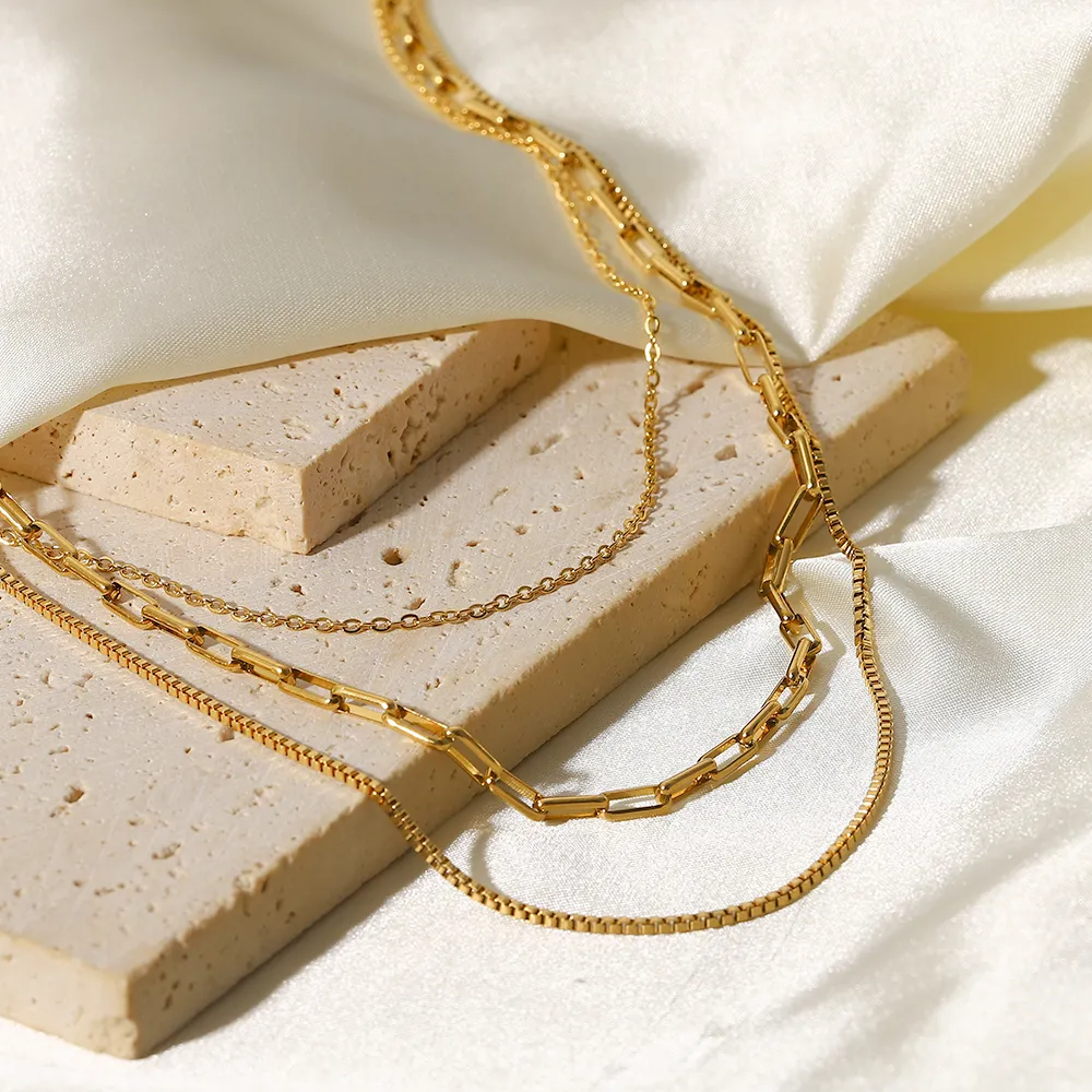 Ketten Vintage vergoldet Büroklammer Box Kette geschichtet Edelstahl dreilagige Halskette wasserdicht Party Geschenk_voghion.com