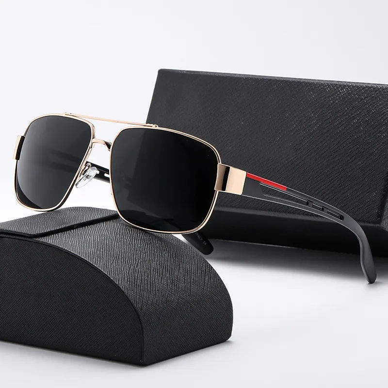 Vintage Square Metal Sunglasses Mens Driving Polarized Black Rectangle Frame Outdoor Gradient Gun Grey Red Line_voghion.com