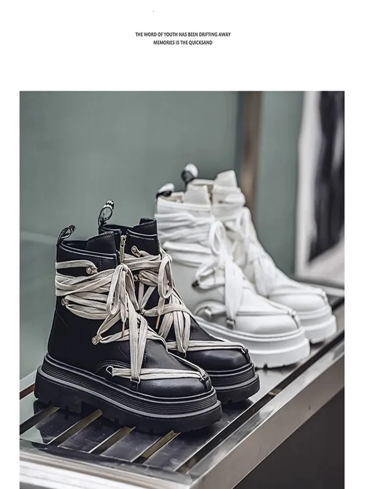 Bottines courtes en cuir à plateforme pour homme, chaussures de moto noires à la mode, style streetwear, 250114_voghion.com