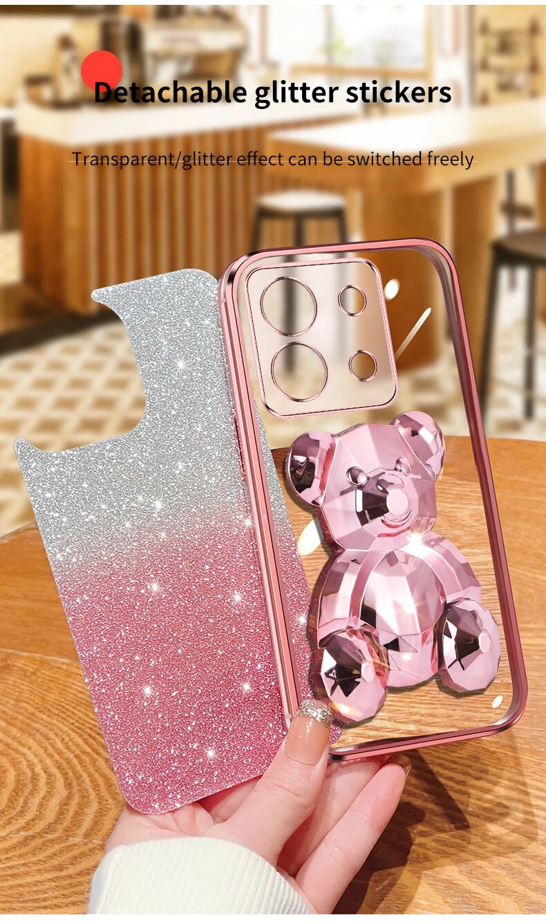 note13 pro Glitter Plating Bear Holder Case On For Xiaomi Redmi Note Pro note13pro redmi 13C 4G 5G Stand Cover note 13_voghion.com