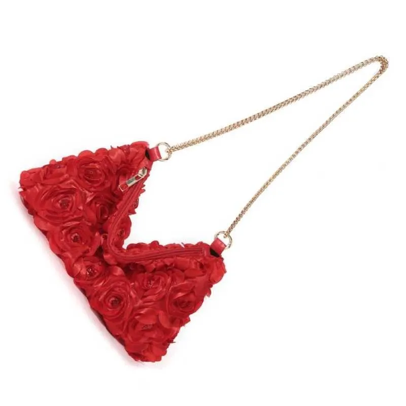 E74B 3D Rose ral Pochette de soirée pour femme en satin pailleté Sac à main bandoulière Sac à main avec chaîne pour fêtes de mariage_voghion.com