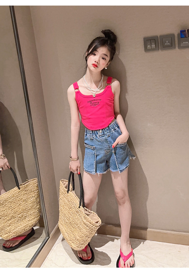 Mutter & Kinder Mädchen sommer chic neckholder-hipster kinder sommer lässig brief denim shorts Spice Girls zwei-stück set_voghion.com