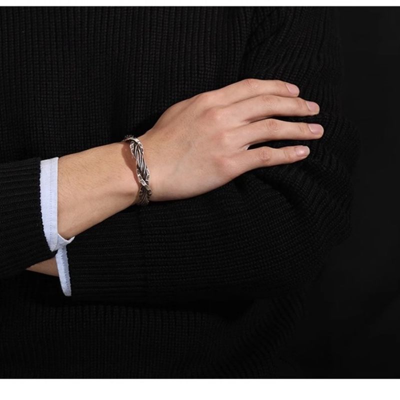 Nouveau Bracelet thaïlandais martelé à la main en filigrane tressé pour hommes, Vintage, ouvert,_voghion.com