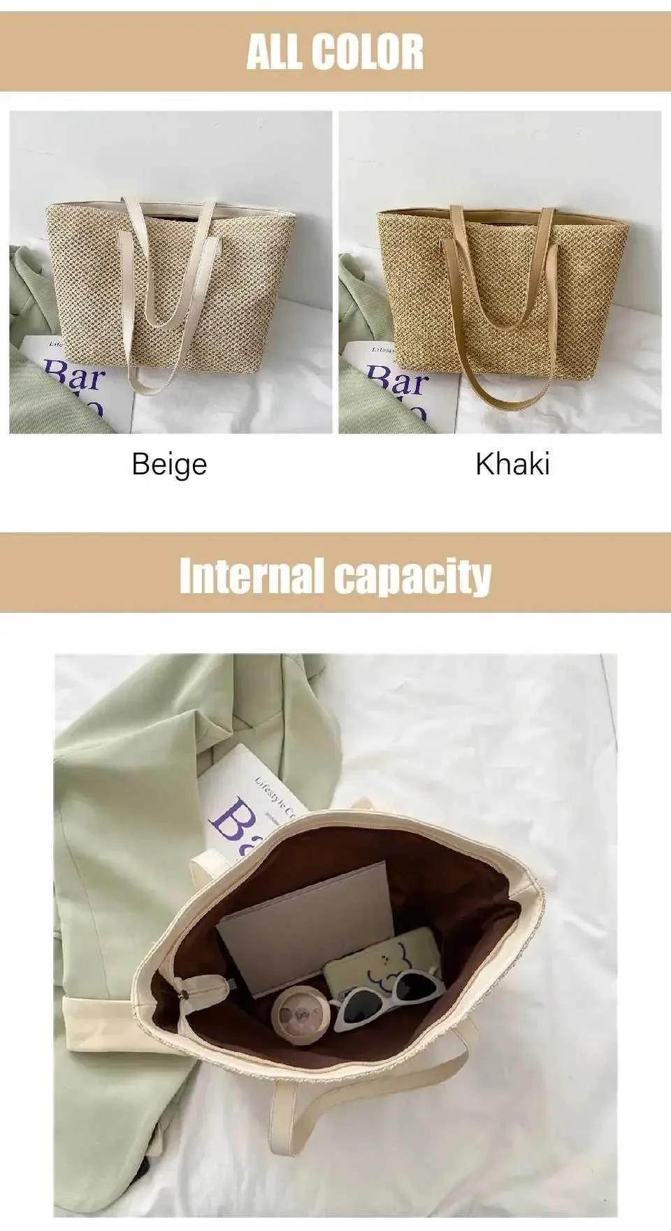 2024 Summer Beach Straw Large Capacity Shopping Solid Color Shoulder Makeup Bag Casual Womens Wallet Handbag Y241011_voghion.com