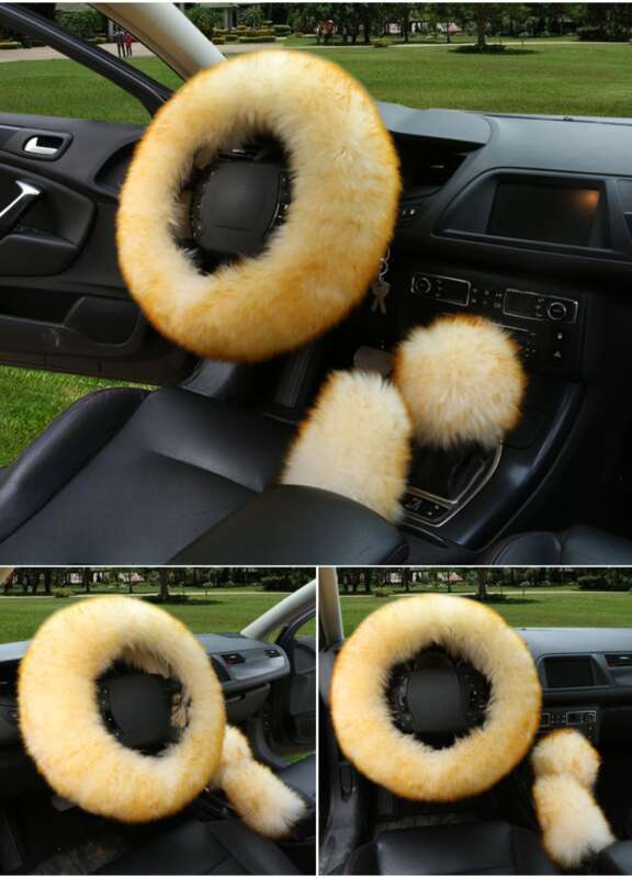 Car Steering Wheel Winter New Australian Sheepskin Fur Integrated Wool Handle Handbrake Cover_voghion.com