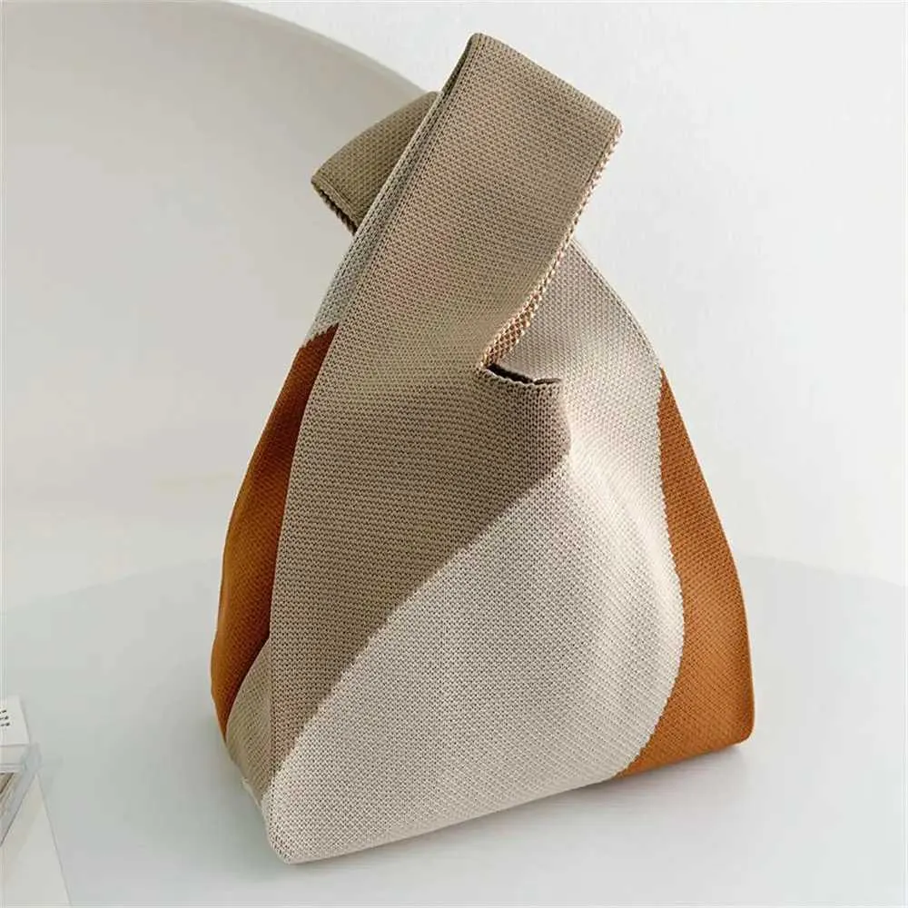 Fi striped knot wrist hand knitted V-handbag portable mini reusable shopping bag Y241106_voghion.com