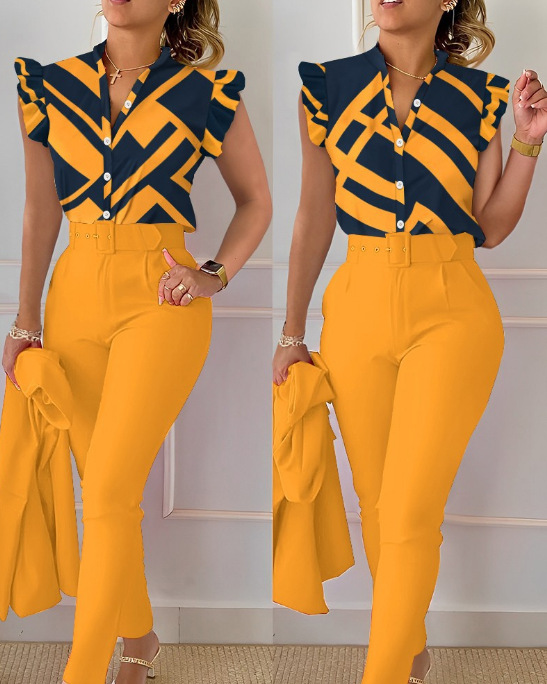Women's Fashion Casual Lotus Leaf Sleeve Vest Two-piece Suit Women's Clothing_voghion.com