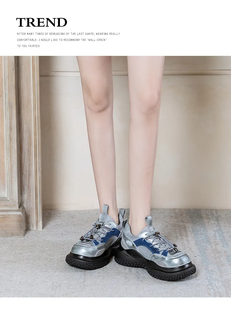 Suela gruesa de cuero genuino tipo bizcocho con superficie de malla reforzada para mayor comodidad y transpirabilidad. Zapatillas deportivas de moda._voghion.com