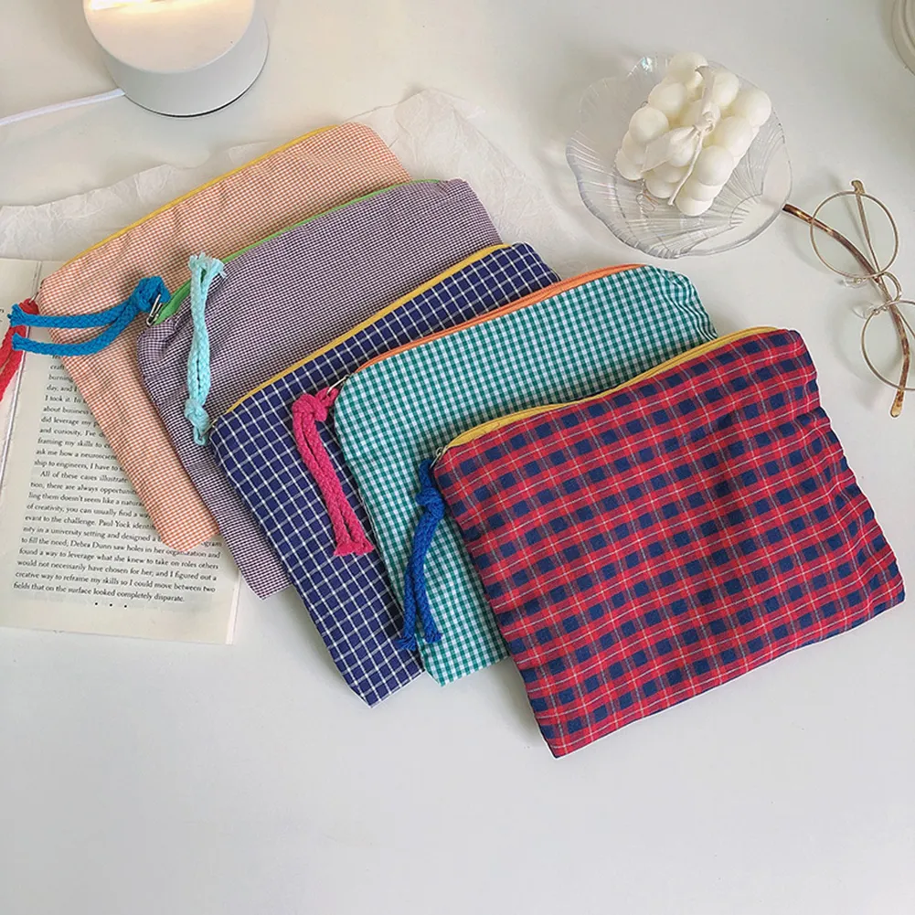 Mode Frauen Plaid Druck Kleine Kosmetik Baumwolle Stoff Make-Up Lagerung Taschen Japan Stil Zipper Kulturbeutel Waschen_voghion.com