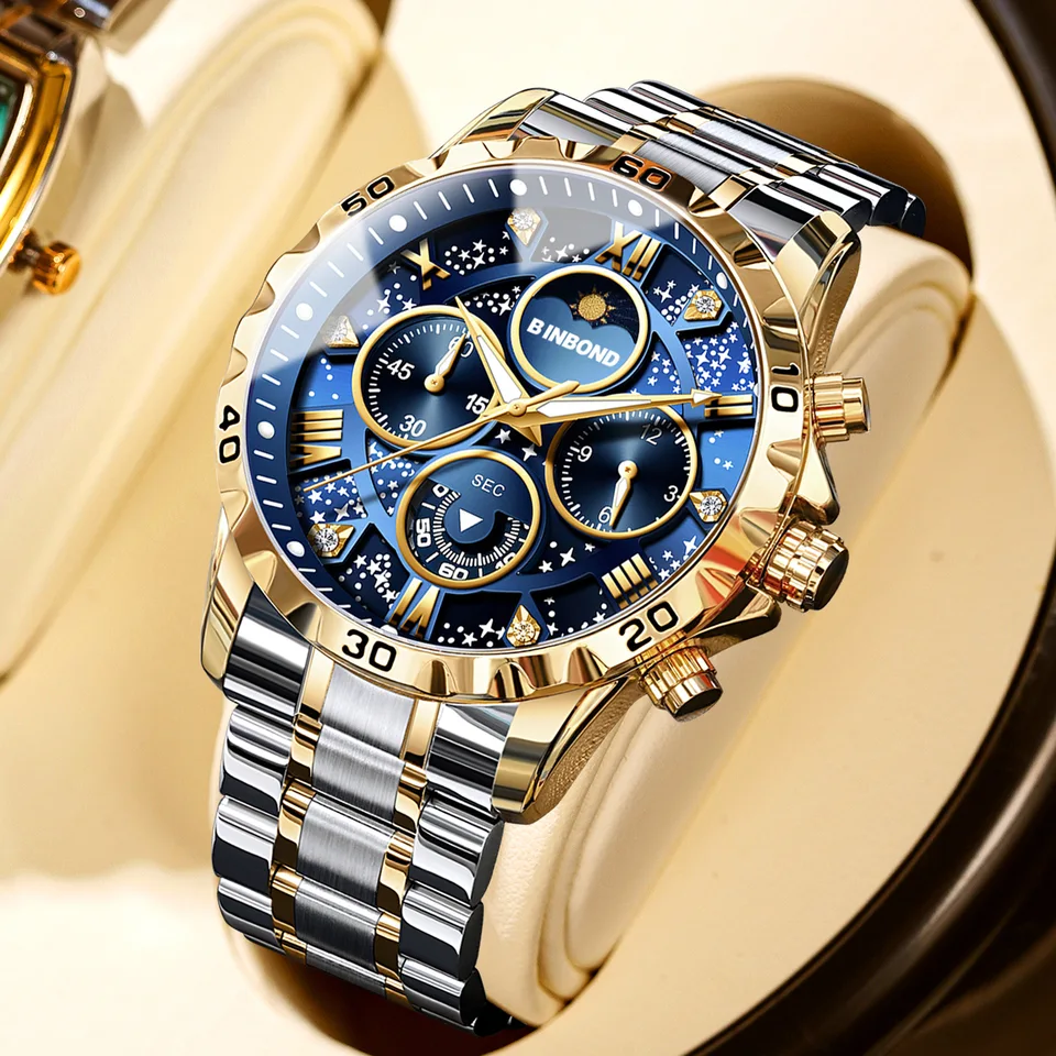 Montre homme quartz multifonction phase de lune acier doré_voghion.com