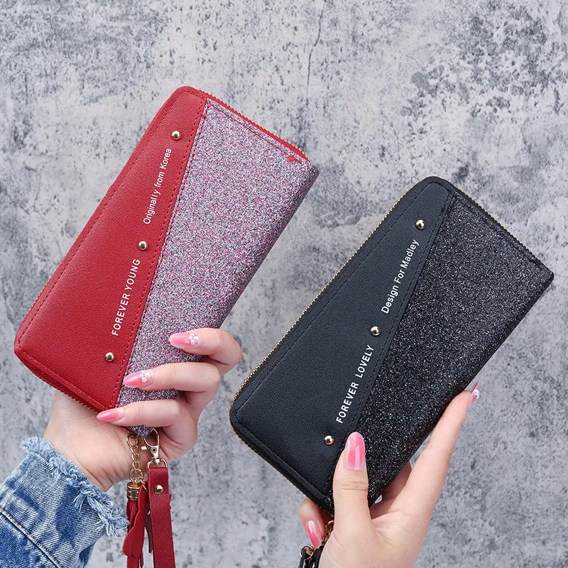 Carteira feminina longa com zíper e glitter brilhante - emenda coreana, contraste de cores, borlas e detalhes de rebites_voghion.com