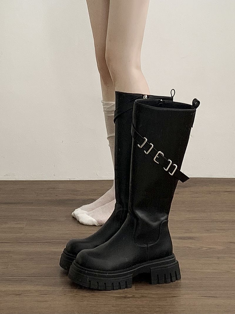 Freizeit Britische schwarze knielange Schlankheitsstiefel mit dicken Sohlen lang für Damen 2024 Neue Herbst- und Winterstiefel mit dickem Schaft_voghion.com