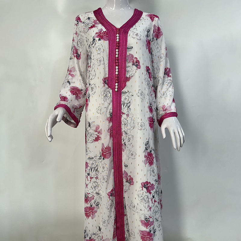 Abbigliamento donna Moda Medio Oriente Nuovo Oro Seta Chiffon Stampa a inchiostro Abito Donna Abaya Stile etnico Arabo Dubai Abito_voghion.com