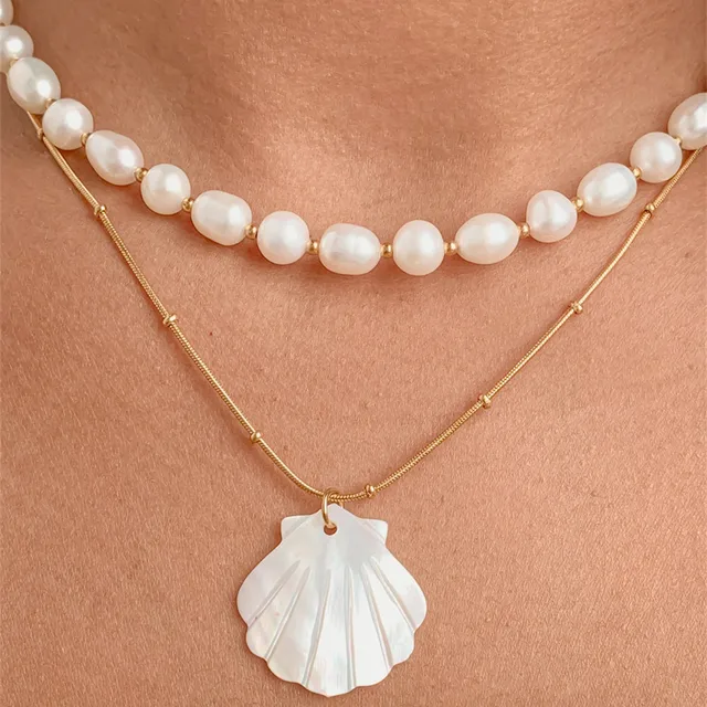 Boho Multilayer Unregelmäßige Künstliche Perlen Gold-plate Kette Shell Anhänger Halskette Für Frauen Vintage Mode Sand_voghion.com