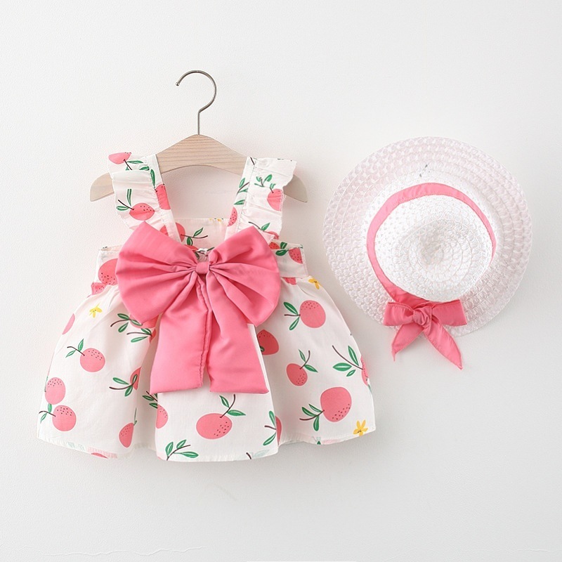 Baby Girl Dress Flower Printed Cotton Dress Fashion Bow Kids Summer Vacation Clothes Send Hat_voghion.com