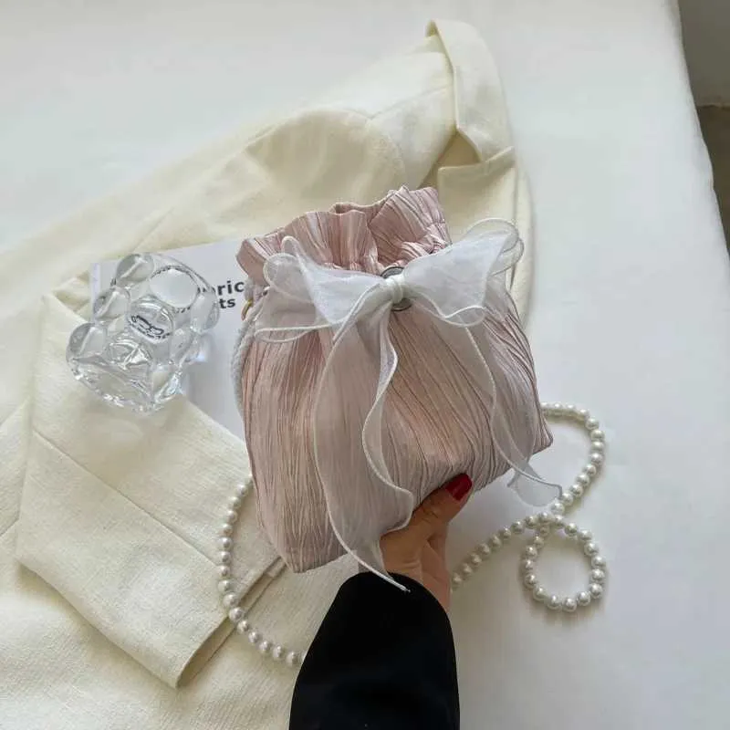 Spitze Schleife Satin Eimer Frauen Mode süße Perle Kette Schulter Umhängetasche Kordelzug Handtasche Party Kupplung_voghion.com