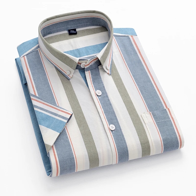 Neu Herren Gestreiftes Mode Kurzarm 100% Baumwolle Oxford Plaid Business Button Down Regular Fit Bürohemd Mann_voghion.com