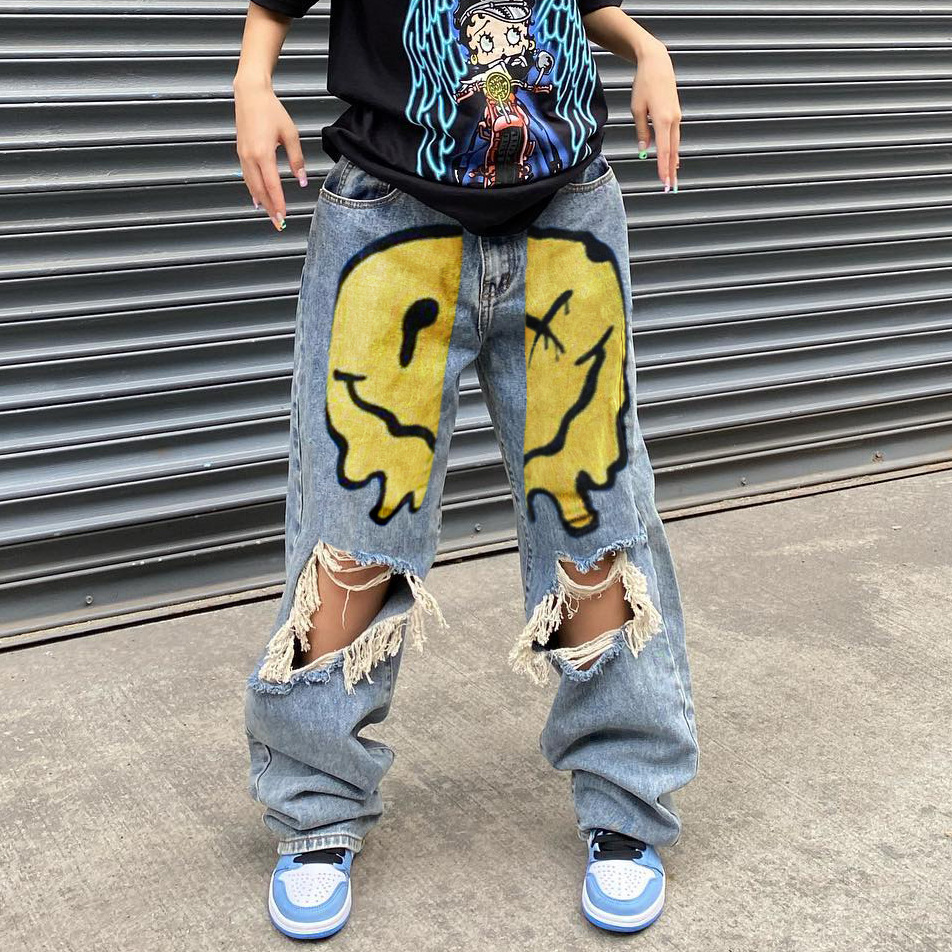 Vaqueros anchos con roturas para mujer estilo hip hop y corte amplio_voghion.com