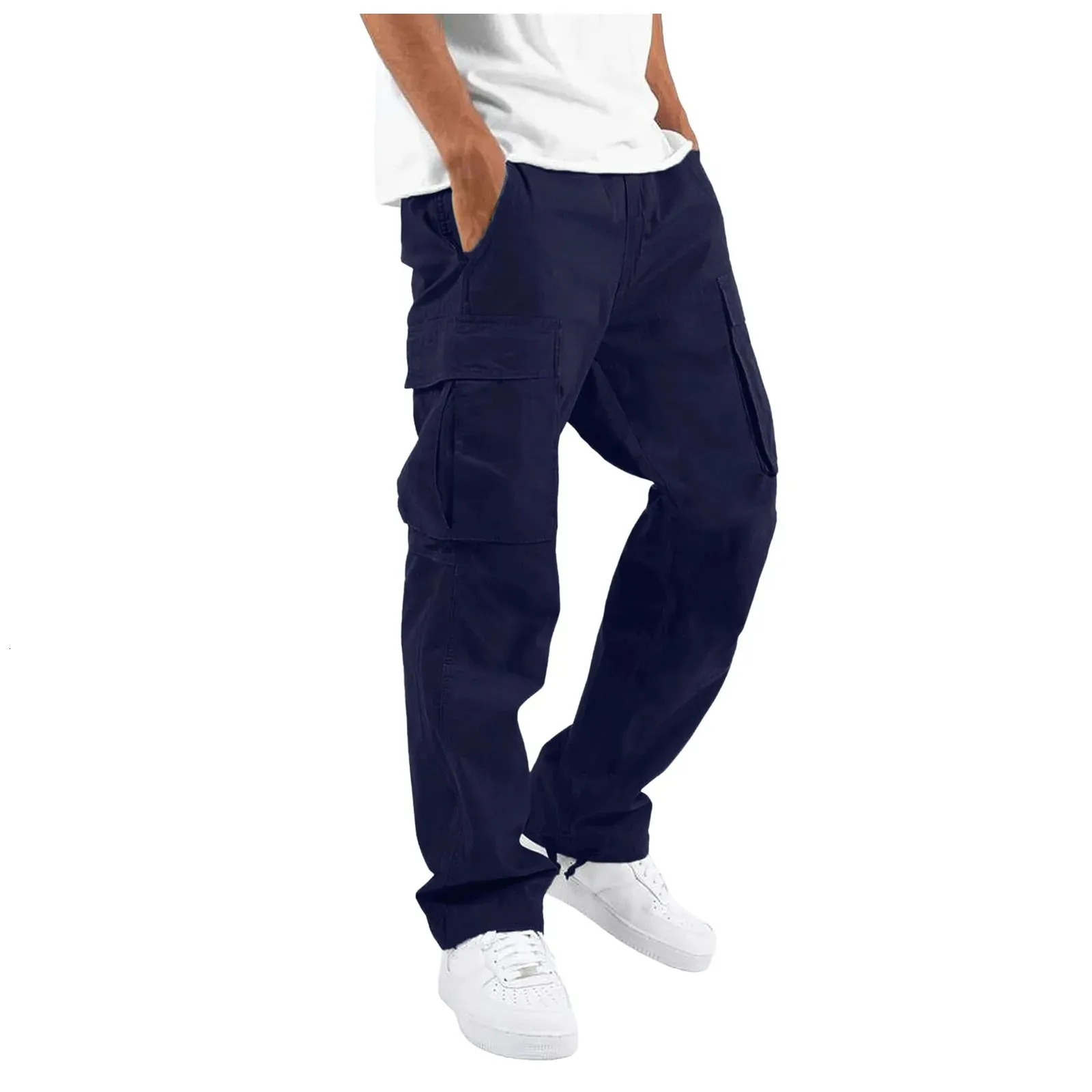 Pantalon cargo décontracté pour homme, coupe slim, couleur unie, poches, coupe droite, bas long, ample_voghion.com
