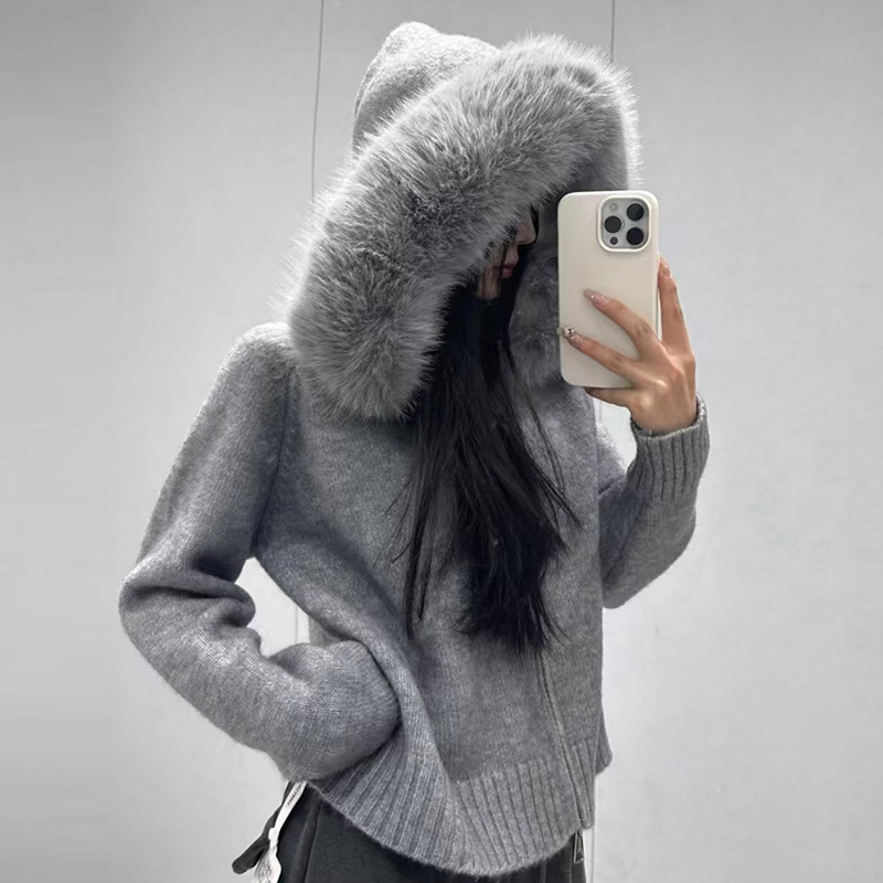 ​​Vintage Hooded Knit Cardigan With Faux Fur Trim - Cozy Long Sleeve Zip-Up Sweater For Women (, , Cream, Light , , Smoke )​​