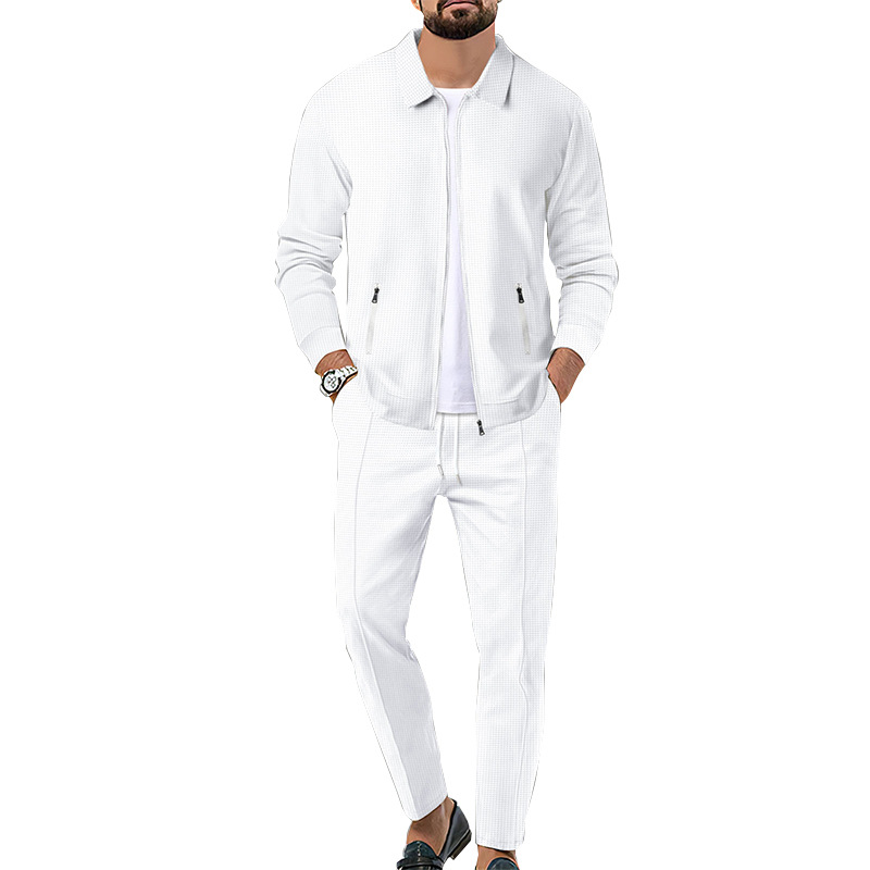 2024 mantel Herbst Jugend Waffel Zip Tasche Flip Kragen Slim Fit Strickjacke männer Jacke Set_voghion.com