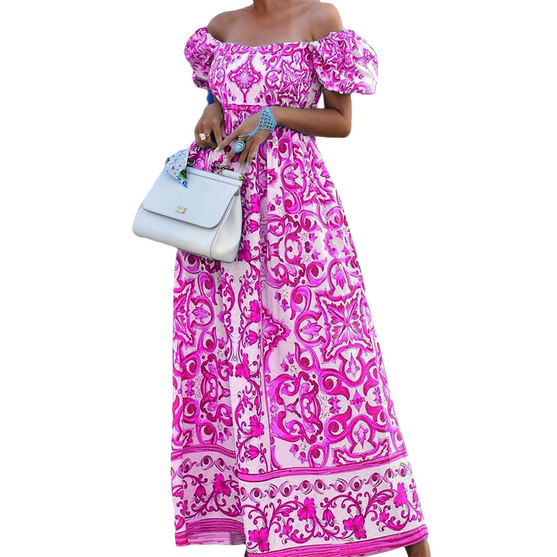 Robe imprimée bohème à la mode pour femmes, col une ligne_voghion.com