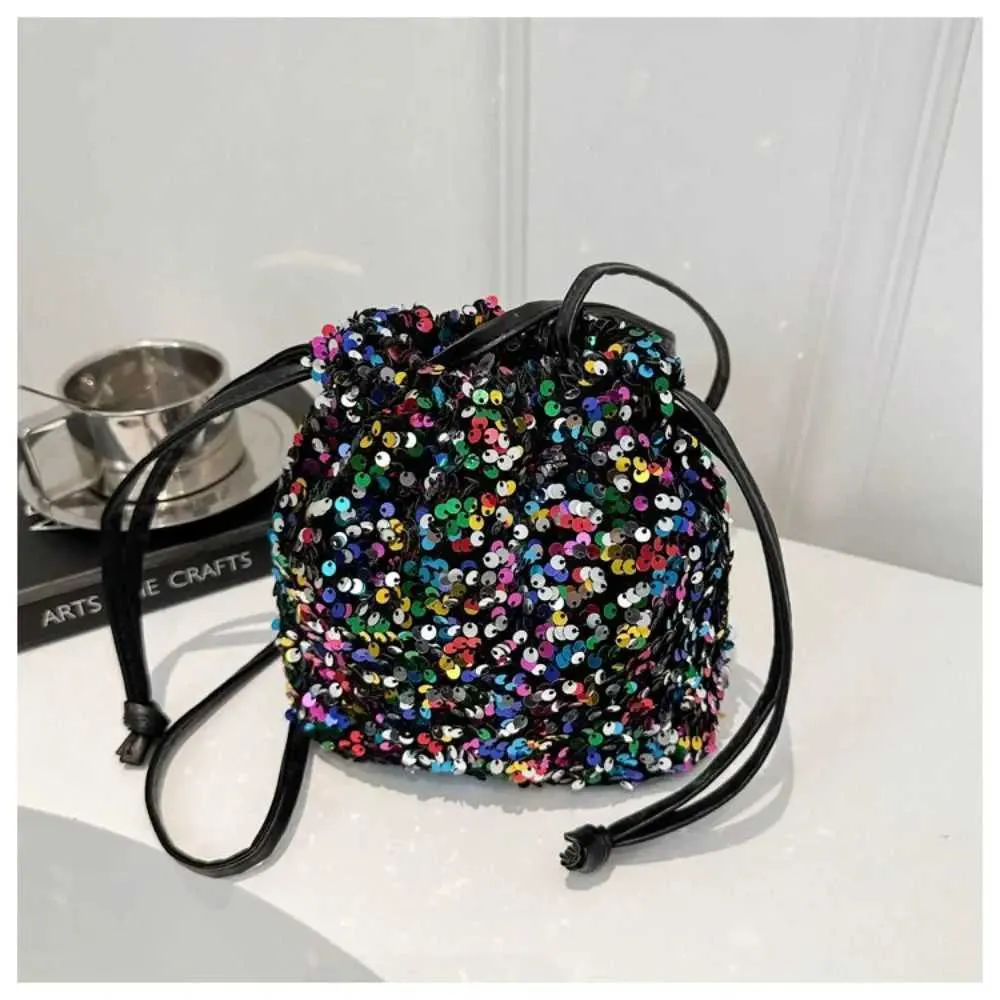 Borsa a tracolla con paillettes versatile alla moda, semplice e alla moda, piccola borsa a mano con coulisse, borsa a secchiello da festa_voghion.com