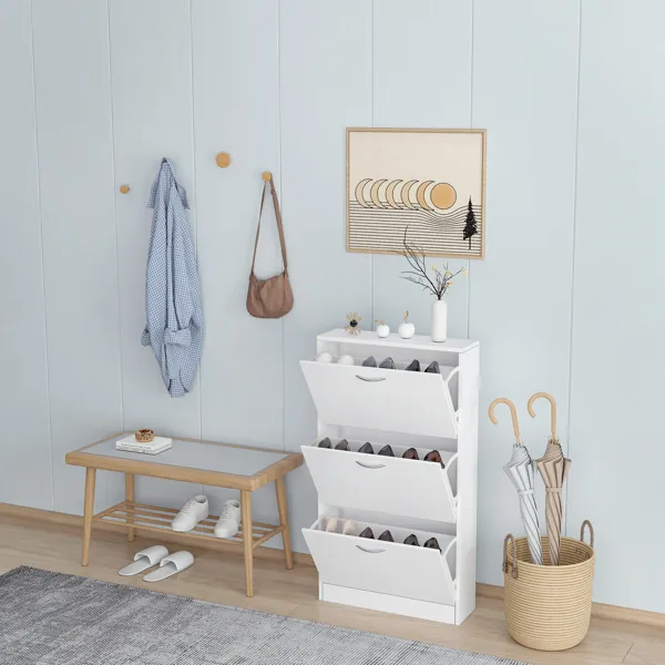 Shoe Cabinet For Entryway; White Narrow Shoe Storage Cabinet Flip Down Shoe Rack Wood 3 Tier Shoe Organizer For Home And Apartment_voghion.com